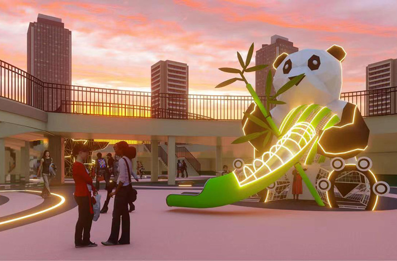 熊貓?jiān)煨头菢?biāo)不銹鋼滑梯燈光效果